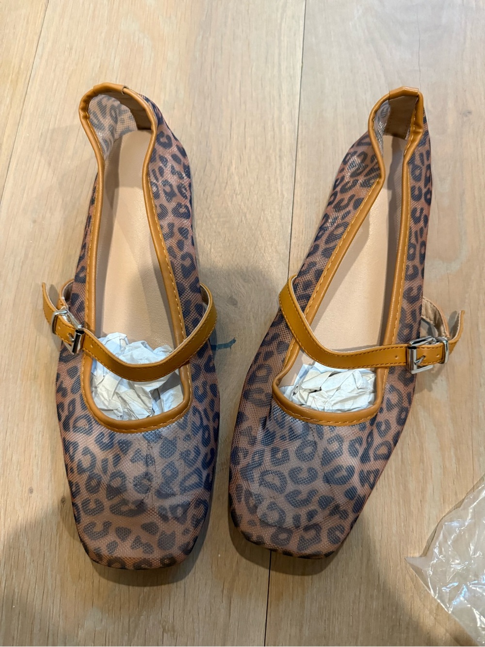 Leopard Print Mary Jane Flats with Tan Trim